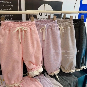 Téli lányoknak készült nadrág fleece-béléssel, vastag, egyszínű, csipkés rész, koreai stílusú sportos nadrág gyermekeknek