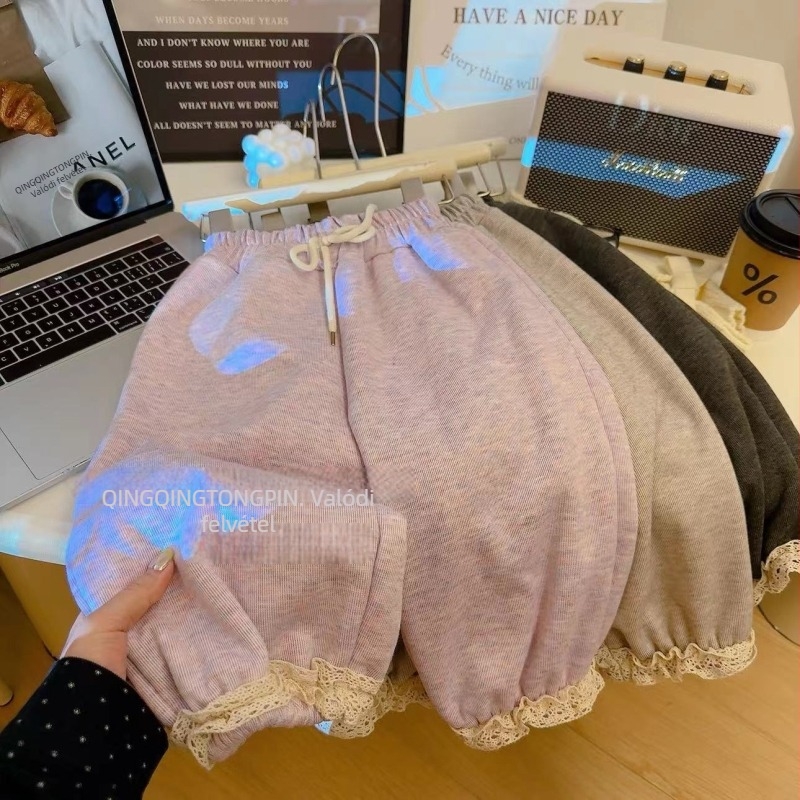 Téli lányoknak készült nadrág fleece-béléssel, vastag, egyszínű, csipkés rész, koreai stílusú sportos nadrág gyermekeknek