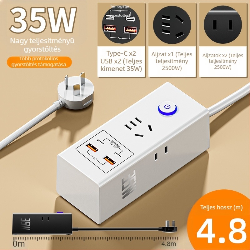35W okos USB hosszabbító gyors töltéssel, 2 USB porttal, otthoni használatra