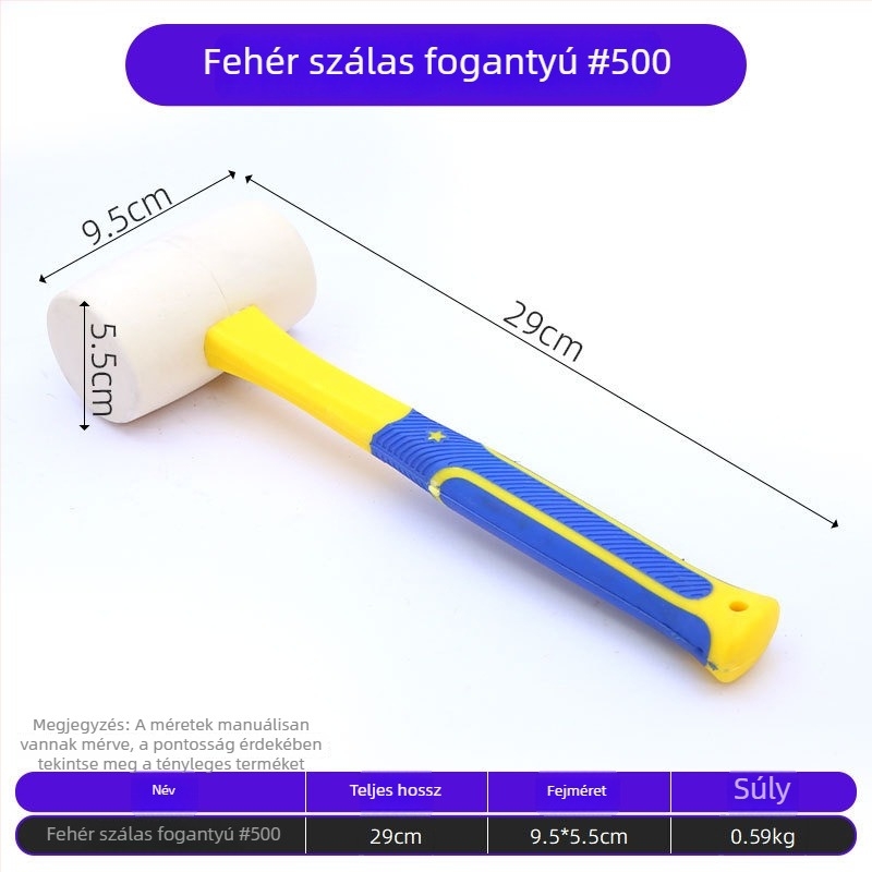 Szálas fogantyújú gumikalapács csempe lerakásához és felületkiegyenítéshez; renovációs eszköz növényi lenyomat készítésére