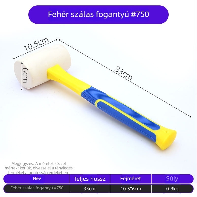 Szálas fogantyújú gumikalapács csempe lerakásához és felületkiegyenítéshez; renovációs eszköz növényi lenyomat készítésére