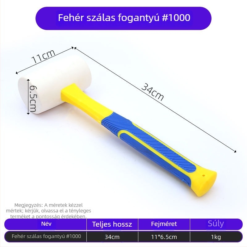 Szálas fogantyújú gumikalapács csempe lerakásához és felületkiegyenítéshez; renovációs eszköz növényi lenyomat készítésére