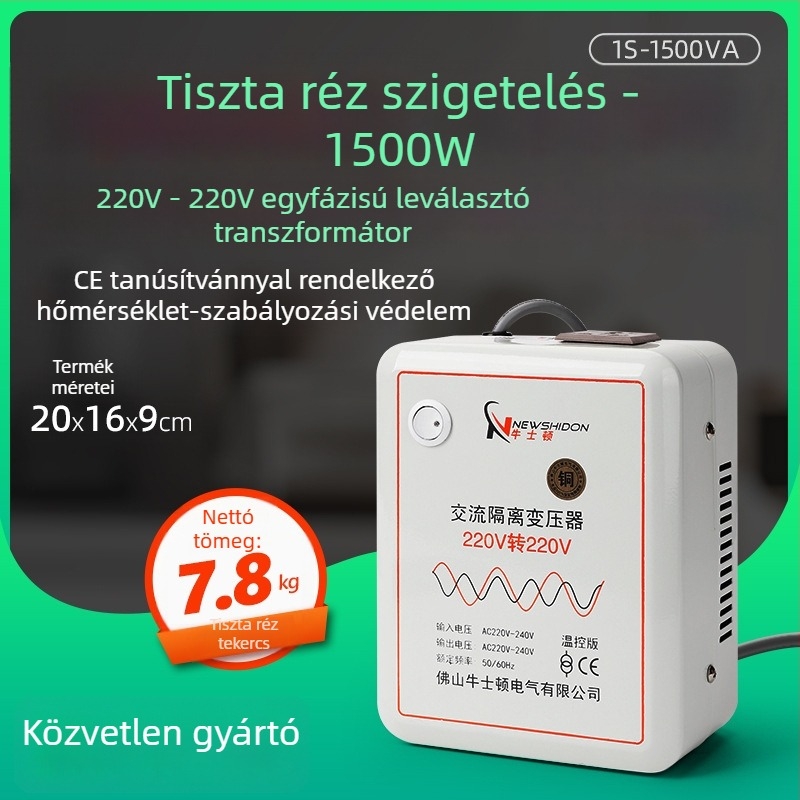 Tiszta réz izolációs transzformátor 220V–220V, kimenetek 36V, 48V, 24V, 12V, toroidális