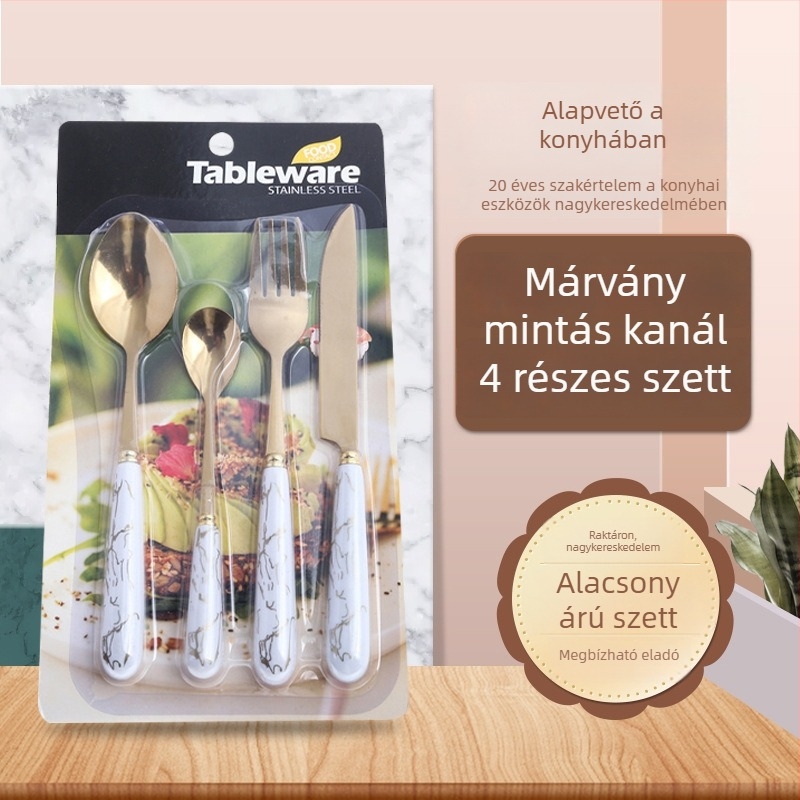 Rozsdamentes acélból készült nyugati stílusú étkészlet – kés, villa és aranyozott kanál, négy darabos készlet