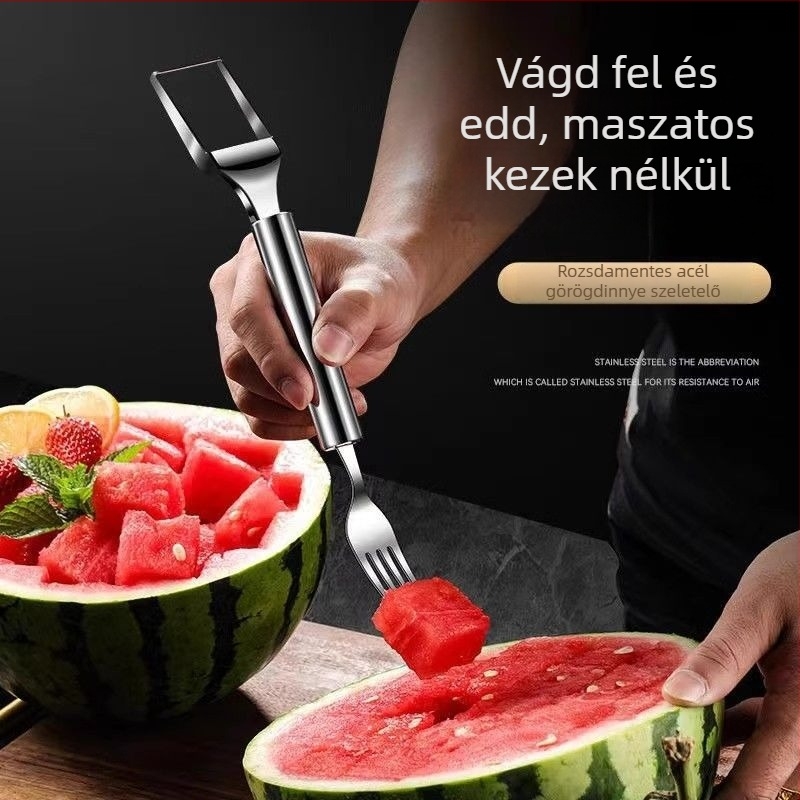 Rozsdamentes acél kettőfejű dinnyevágó és gyümölcsvilla – többfunkciós eszköz a dinnyem húsának felvágásához