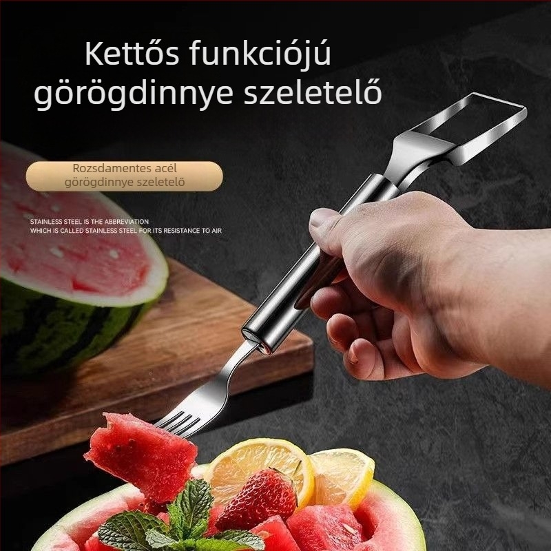 Rozsdamentes acél kettőfejű dinnyevágó és gyümölcsvilla – többfunkciós eszköz a dinnyem húsának felvágásához