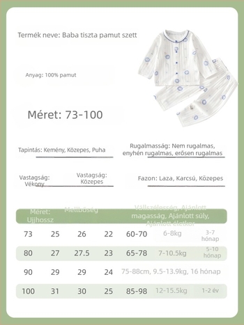 Két részes babapizsama nyári, hosszú ujjú, 100% pamut, lélegző otthoni viselet