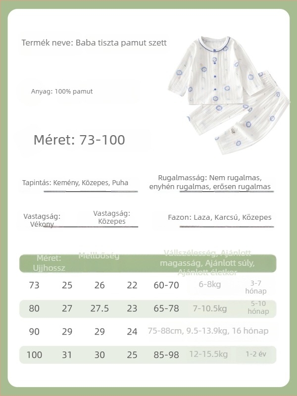 Két részes babapizsama nyári, hosszú ujjú, 100% pamut, lélegző otthoni viselet