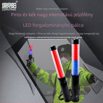 Forgalmi bot LED piros-kék villogó fénnyel, elektronikus síp, kézben tartható éjszakai vészvilágítás és közúti figyelmeztető jel