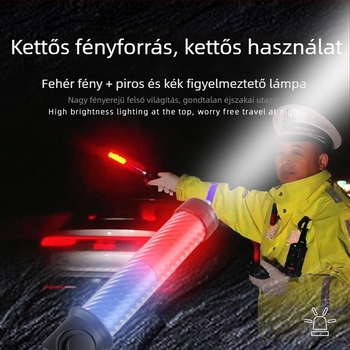 Forgalmi bot LED piros-kék villogó fénnyel, elektronikus síp, kézben tartható éjszakai vészvilágítás és közúti figyelmeztető jel