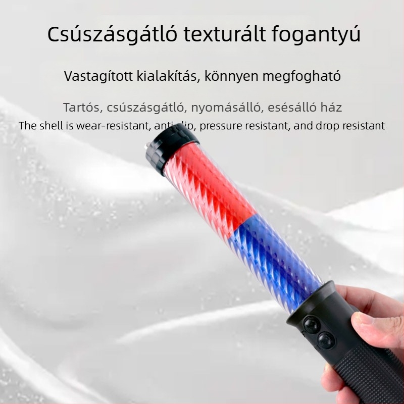 Forgalmi bot LED piros-kék villogó fénnyel, elektronikus síp, kézben tartható éjszakai vészvilágítás és közúti figyelmeztető jel