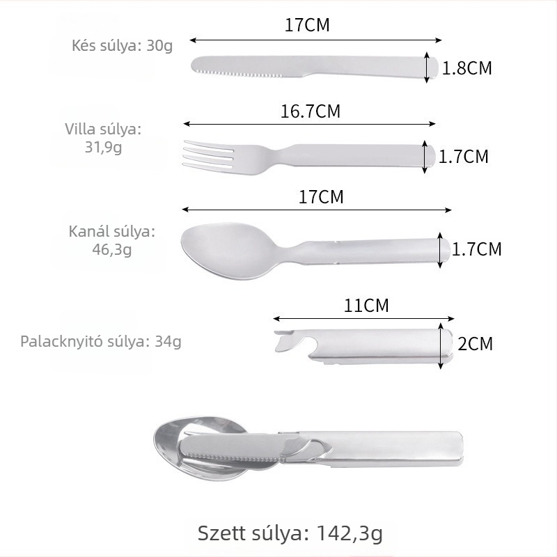 Rozsdamentes acél kempinges evőeszköz-készlet, levehető nyugati stílusú késsel, palacknyitóval, villával, kanállal és gyümölcs-késsel
