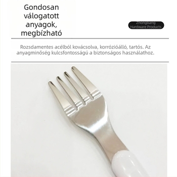 Fehér színű gyerekeknek szánt evőeszköz-készlet rozsdamentes acélból: kés, villa, kanál és edzőpálcikák fogantyúval; nordikus/euros stílus; C1015 acél.