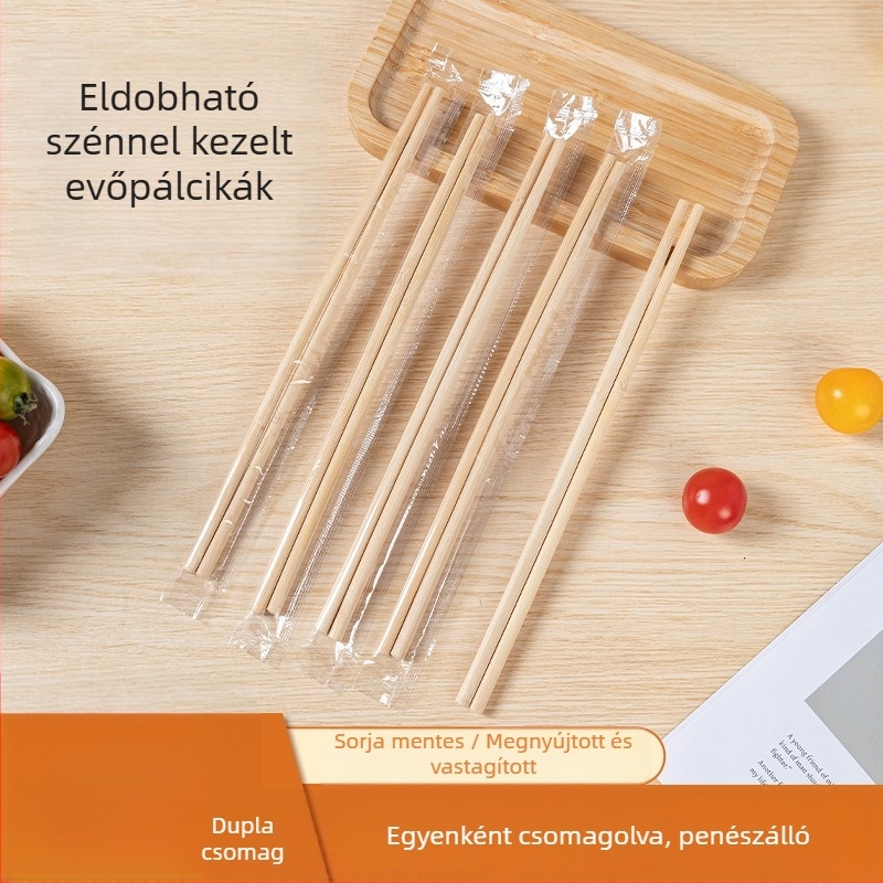 Egyszer használatos karbonizált bambusz evőpálcikák, higiénikusak és csúszásmentesek, egyenként csomagolva, 20 pár, élelmiszer-minőségű anyag, penészálló