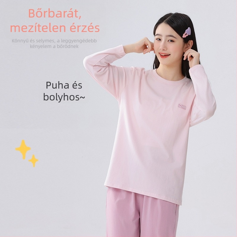 Női Lycra-pamut pizsama, nedvszívó, bőrbarát, vékony anyag, kerek nyak, hosszú ujjú, hosszú nadrág, tavaszi otthoni viselet