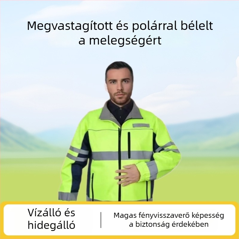 Új, magas láthatóságú, vastag fleece-béléses, meleg, vízálló soft-shell munkaruházat éjszakai és kültéri munkára