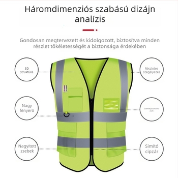 Reflektív biztonsági mellény lélegző hálós anyagból, több zsebbel és nyomtatott szöveggel építkezési helyszínekre