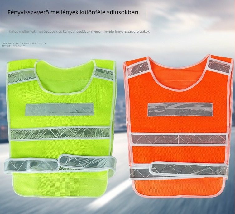 Reflektív biztonsági mellény lélegző hálós anyagból, több zsebbel és nyomtatott szöveggel építkezési helyszínekre