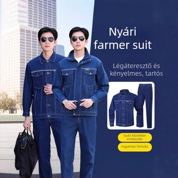 Nyári könnyű, elasztikus denim munkaruházat készlet hosszú ujjúval és fényvisszaverő csíkokkal hegesztő műhelyhez