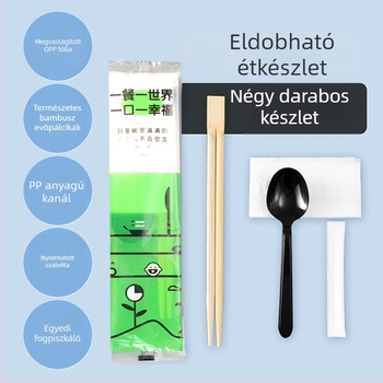 Bambusz egyszer használatos étkezési eszközök négy darabos készlet: pálcikák, kanál, ebédes doboz és csomagolás