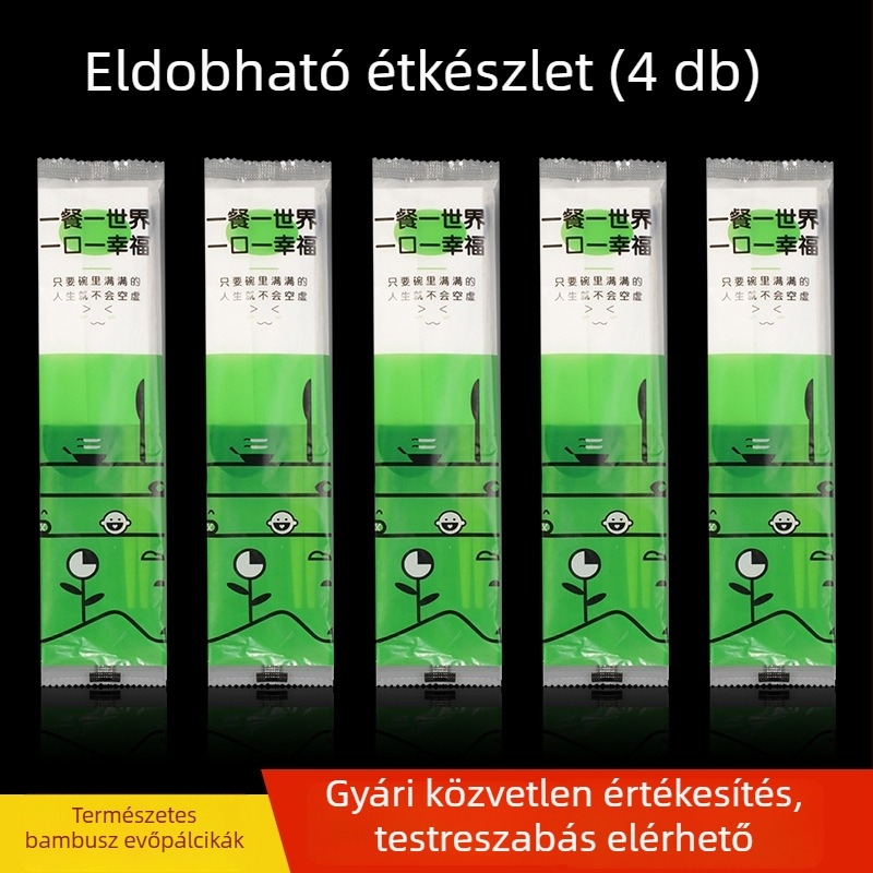 Bambusz egyszer használatos étkezési eszközök négy darabos készlet: pálcikák, kanál, ebédes doboz és csomagolás