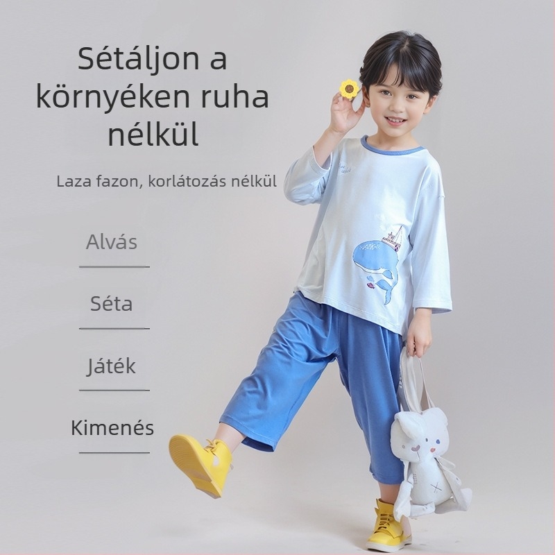 Gyerekeknek szóló nyári modal pizsama, vékony anyag, 3/4-es ujjak, uniszex otthoni ruhaszett cartoon mintával