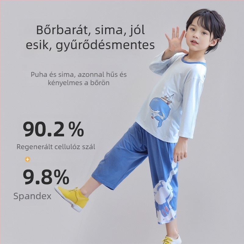 Gyerekeknek szóló nyári modal pizsama, vékony anyag, 3/4-es ujjak, uniszex otthoni ruhaszett cartoon mintával