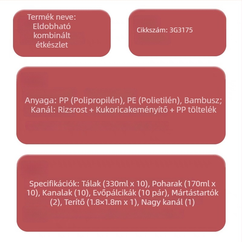 Egyszer használatos műanyag étkezési készlet: tál, evőpálcikák, pohár és tányér kempingezéshez