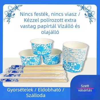 Egyszer használatos ökológiai étkezési készlet: papír tálak, papír poharak és evőpálcikák otthoni és szabadtéri piknikekhez