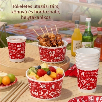 Yunlei egyszer használatos családi ünnepi vacsora készlet 6 személyre, 4 darabos készlet: fa evőeszközök, papírtálak, papírtányérok és poharak