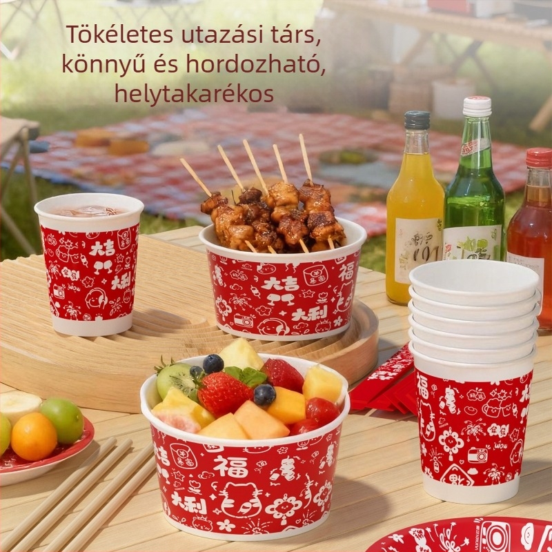 Yunlei egyszer használatos családi ünnepi vacsora készlet 6 személyre, 4 darabos készlet: fa evőeszközök, papírtálak, papírtányérok és poharak