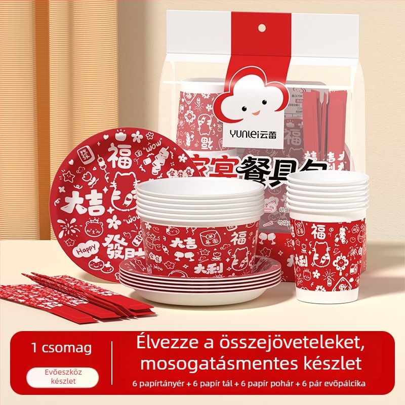 Yunlei egyszer használatos családi ünnepi vacsora készlet 6 személyre, 4 darabos készlet: fa evőeszközök, papírtálak, papírtányérok és poharak