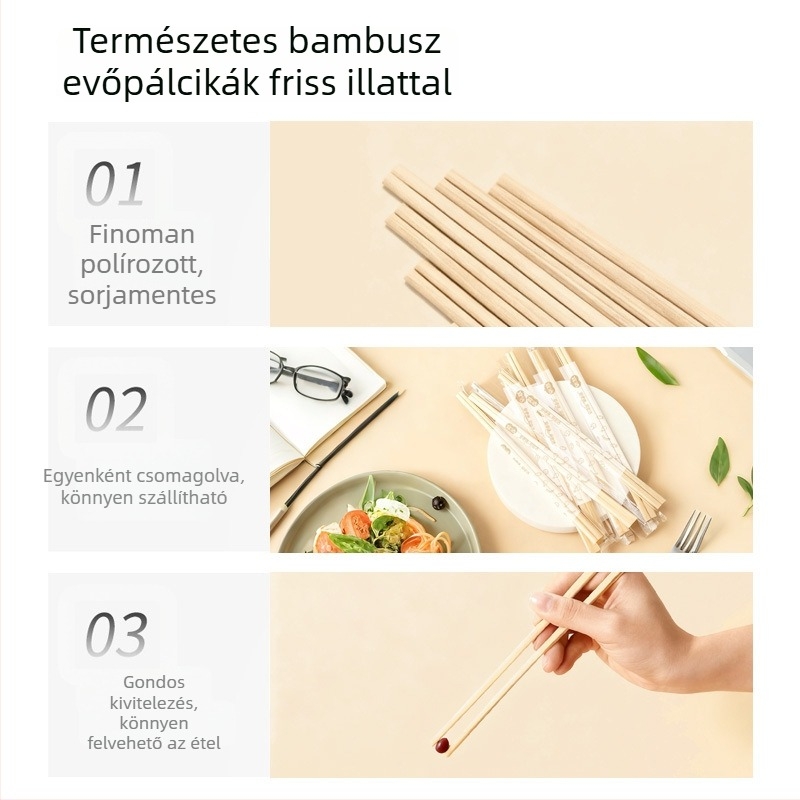 Egyszer használatos bambusz evőpálcikák, egyenként csomagolva, higiénikus étkezési eszközök