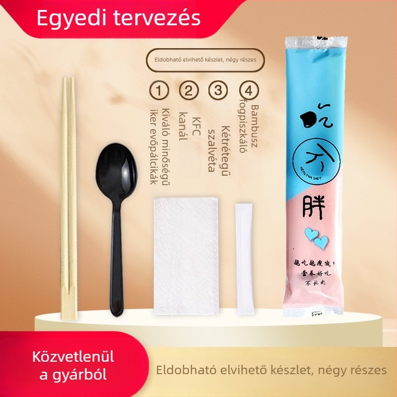 Egyszer használatos bambuszos evőeszköz-készlet tálakkal éttermi használatra, négy darab