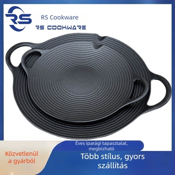 Kétfülű vasöntvény grillserpenyő, kör alakú, halak sütésére, teppanyaki stílusban, középen mélyedéssel