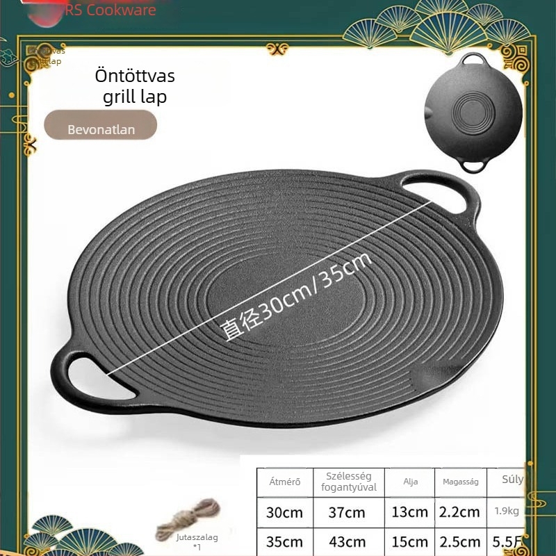 Kétfülű vasöntvény grillserpenyő, kör alakú, halak sütésére, teppanyaki stílusban, középen mélyedéssel