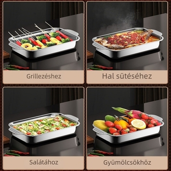 Rozsdamentes acél téglalap alakú grillsütő serpenyő tengeri ételekhez és halhoz, indukciós főzőlap-kompatibilis, tapadásmentes, többfunkciós