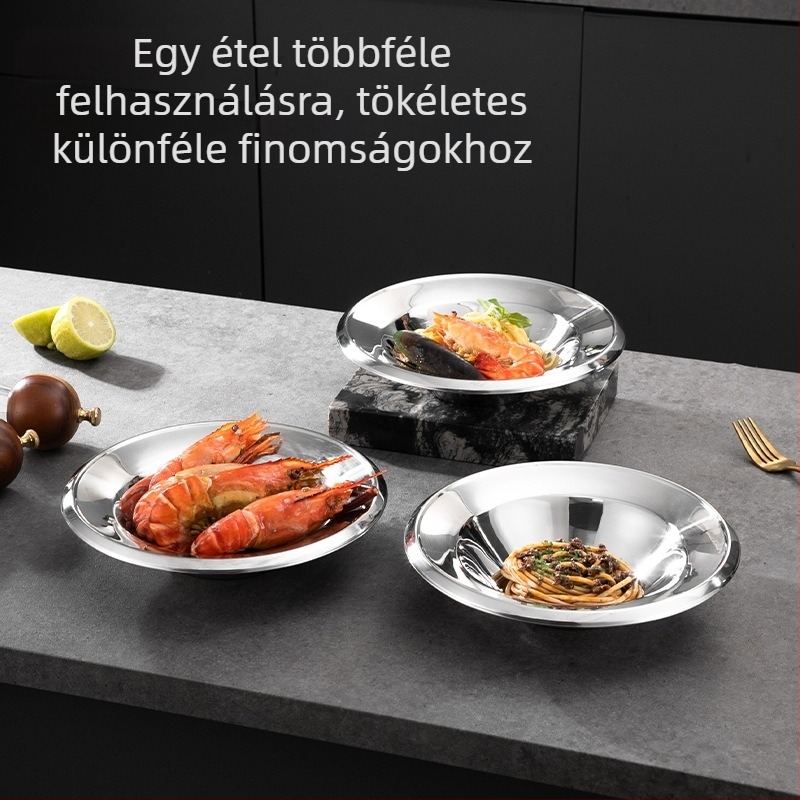 304 rozsdamentes acélból készült, olasz stílusú mély, kerek tányér kalap alakú peremmel, 9 hüvelyk, szállodai használatra