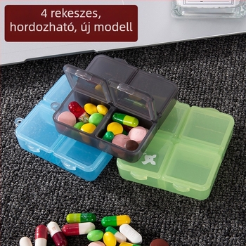Négy rekeszű mini tablettatartó, hordozható műanyag gyógyszeres doboz három étkezéshez naponta
