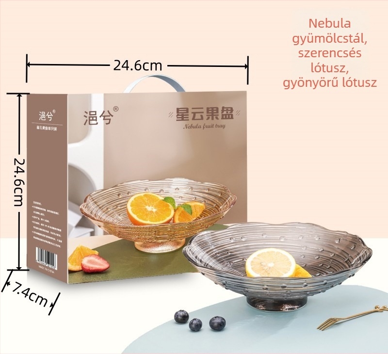 Üveg gyümölcstál minimalistikus dizájnnal és Nebula ajándékdoboza, otthoni nappaliba ideális.