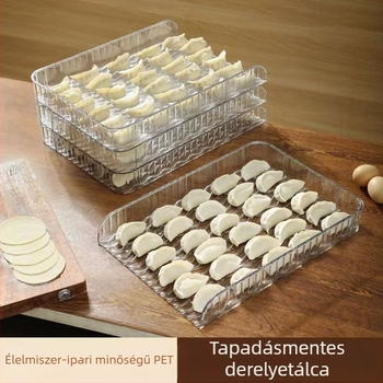Átlátszó tapadásmentes fedél és doboz dumplings számára, hűtő melletti stackelhető tálca, vastagabb konyhai rendező