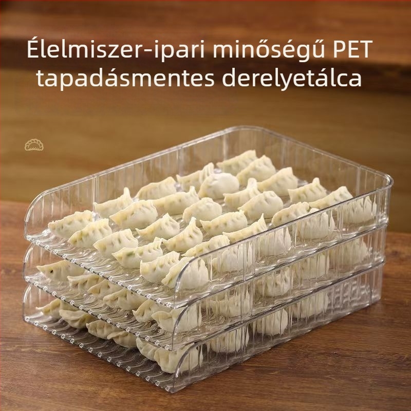 Átlátszó tapadásmentes fedél és doboz dumplings számára, hűtő melletti stackelhető tálca, vastagabb konyhai rendező