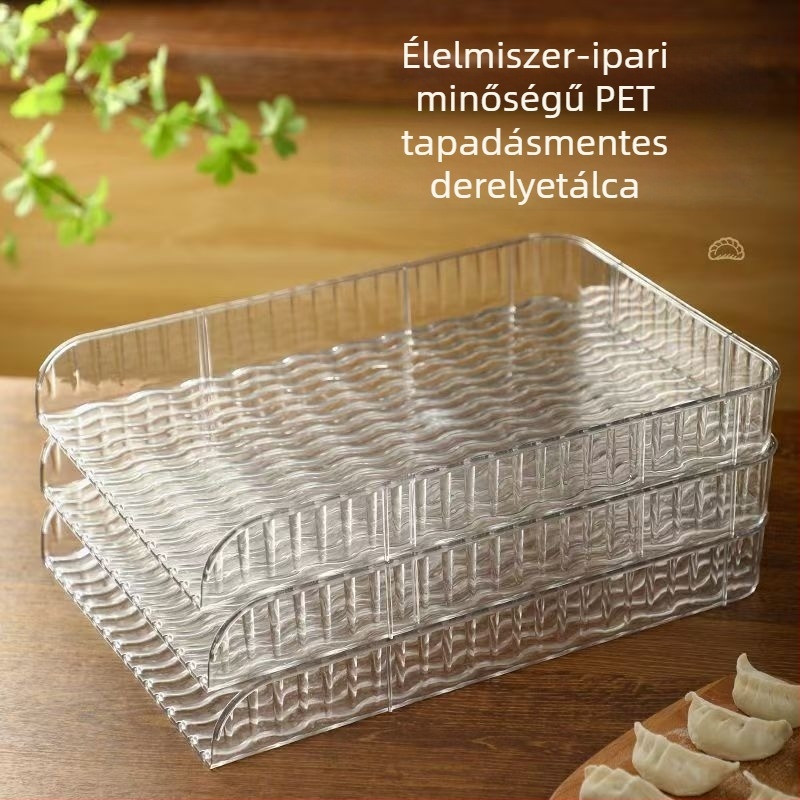 Átlátszó tapadásmentes fedél és doboz dumplings számára, hűtő melletti stackelhető tálca, vastagabb konyhai rendező