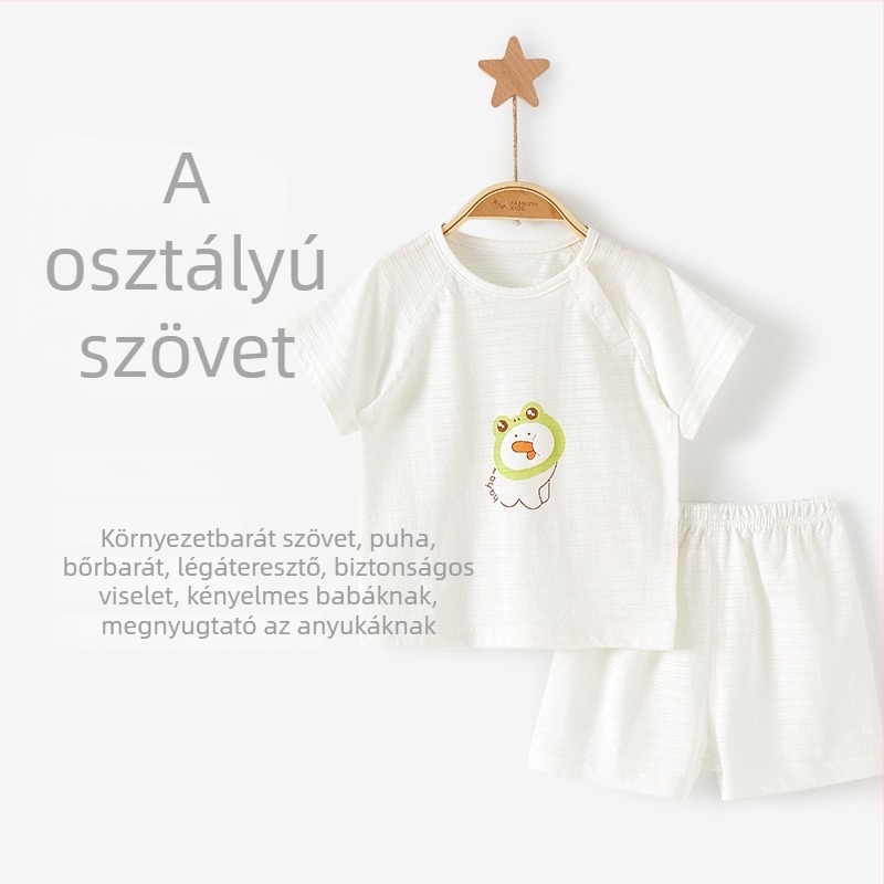 Nyári pamut rövid ujjú pizsama készlet, 2 darabos, uniszex, könnyű és légáteresztő, 1–3 éveseknek
