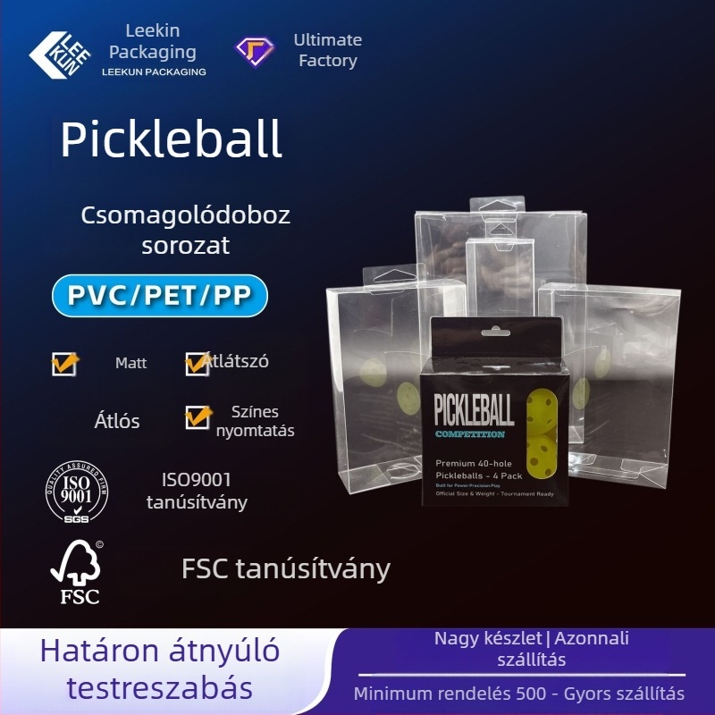 Testreszabott átlátszó PVC pickleball doboz, átlátszó PET hajtogatott nyomtatott műanyag doboz, PP csomagolás meleg nyomtatással és matt felülettel