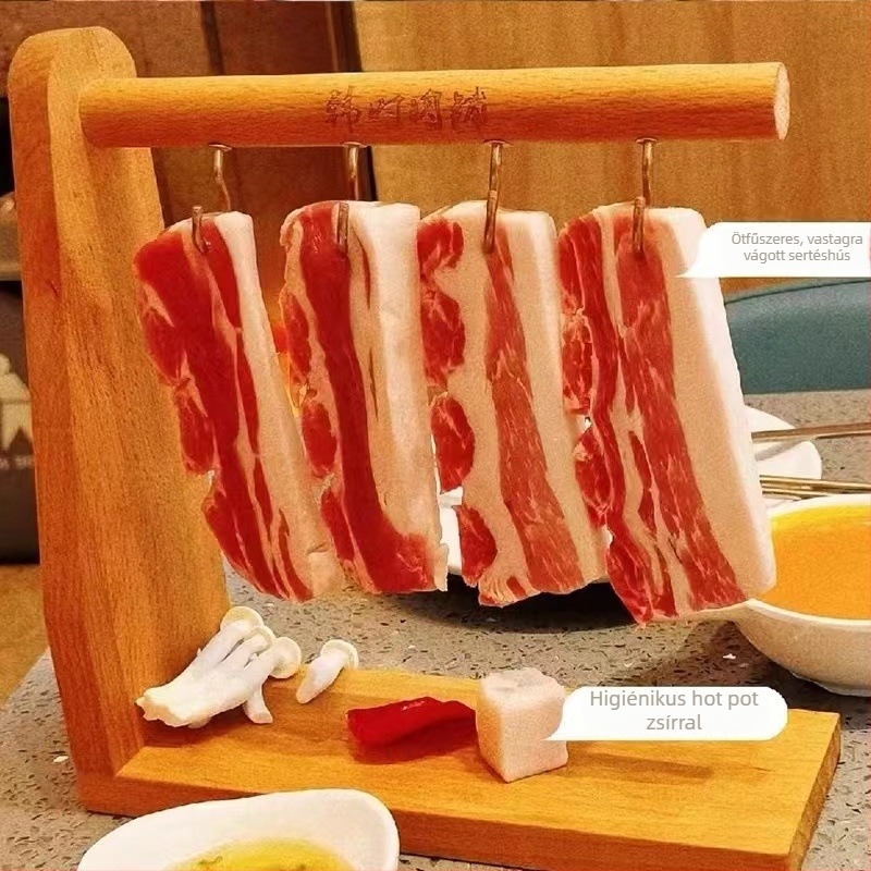 Koreai stílusú BBQ étkészlet – téglalap alakú fa tál arany függő tartóval