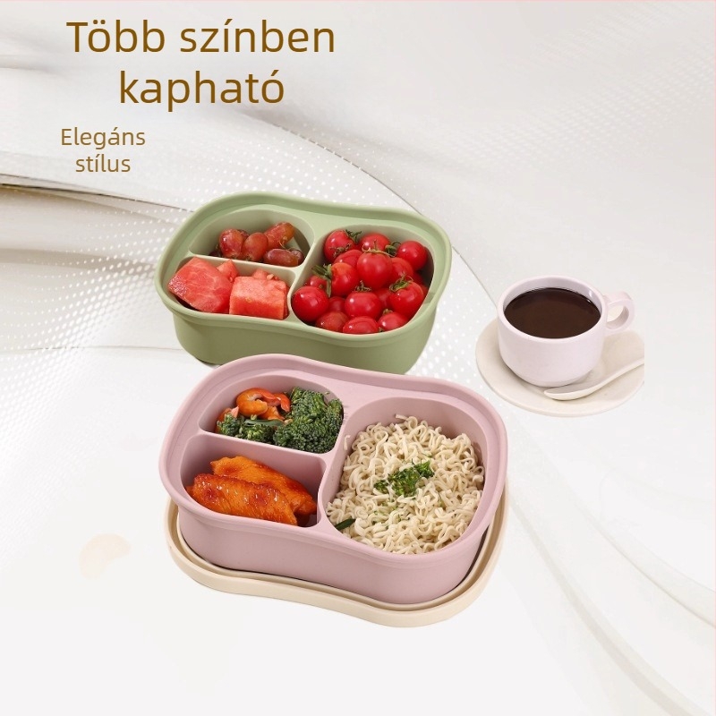 Nagy kapacitású, élelmiszer-minőségű szilikon uzsonnás doboz elválasztóval; ételt melegen tartja a hűtőben; mikrohullámú sütőben nem használható