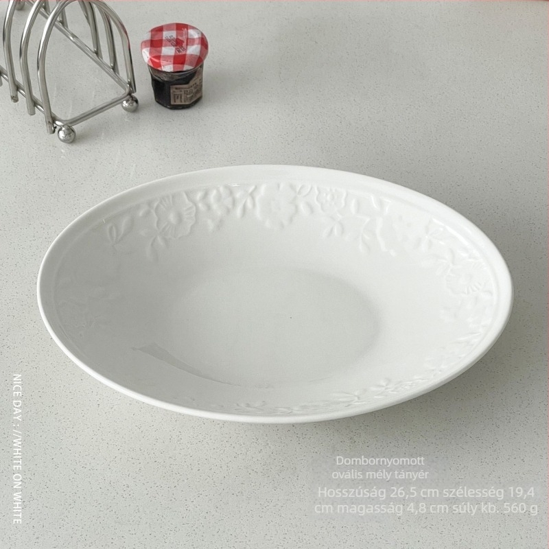 Porcelán gyümölcssaláta tál reliefes felülettel, fehér, Instagram-stílusú, ovális mély tál tészta számára