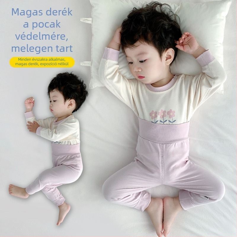 Babatermikus felső- és alsó szett, 100% pamut, uniszex, őszi-tavaszi, hosszú ujjú, magas derekú a has védelméért, két darabos 1–3 éveseknek