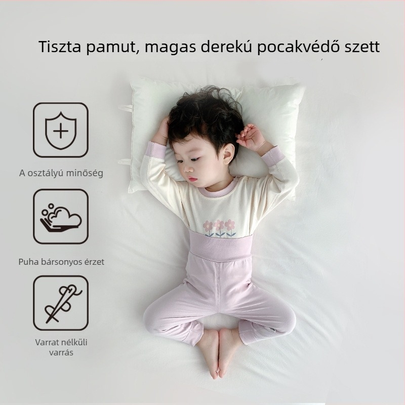 Babatermikus felső- és alsó szett, 100% pamut, uniszex, őszi-tavaszi, hosszú ujjú, magas derekú a has védelméért, két darabos 1–3 éveseknek